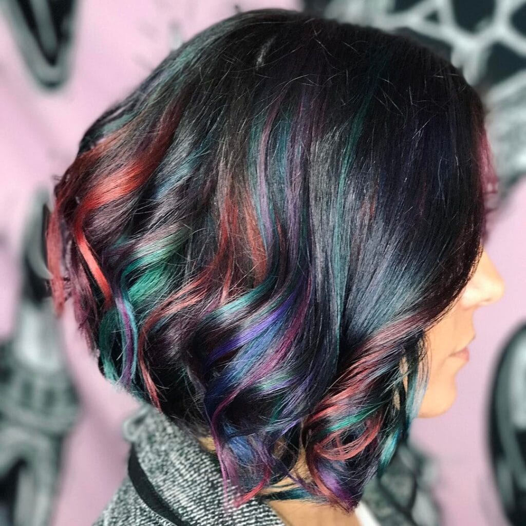 Oil-Slick Colours Medium Dark Hair with curls Rainbow-Effect